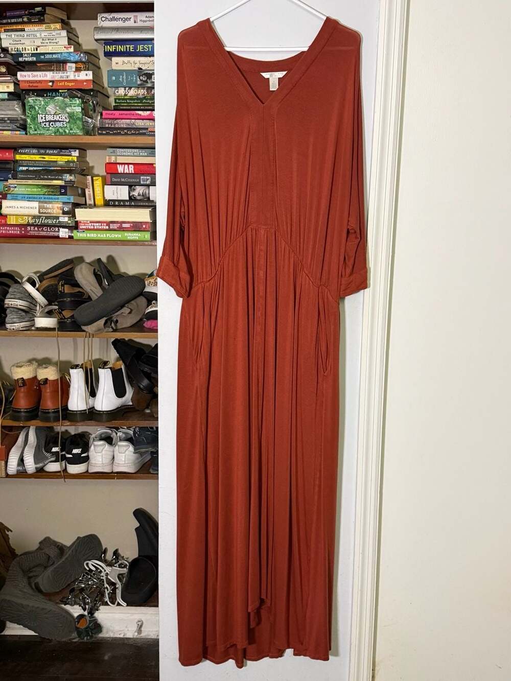 London Times Woman Plus Size 3X Coral V-Neck Long Sleeve Maxi Dress